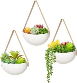 Plantenhanger Keramiek – Set Van 3 – Wit Steen- Hangpot – Hangende Bloempot Plantenpot - 3 Verschillende Koorden - 18 X 11 X 7 Cm