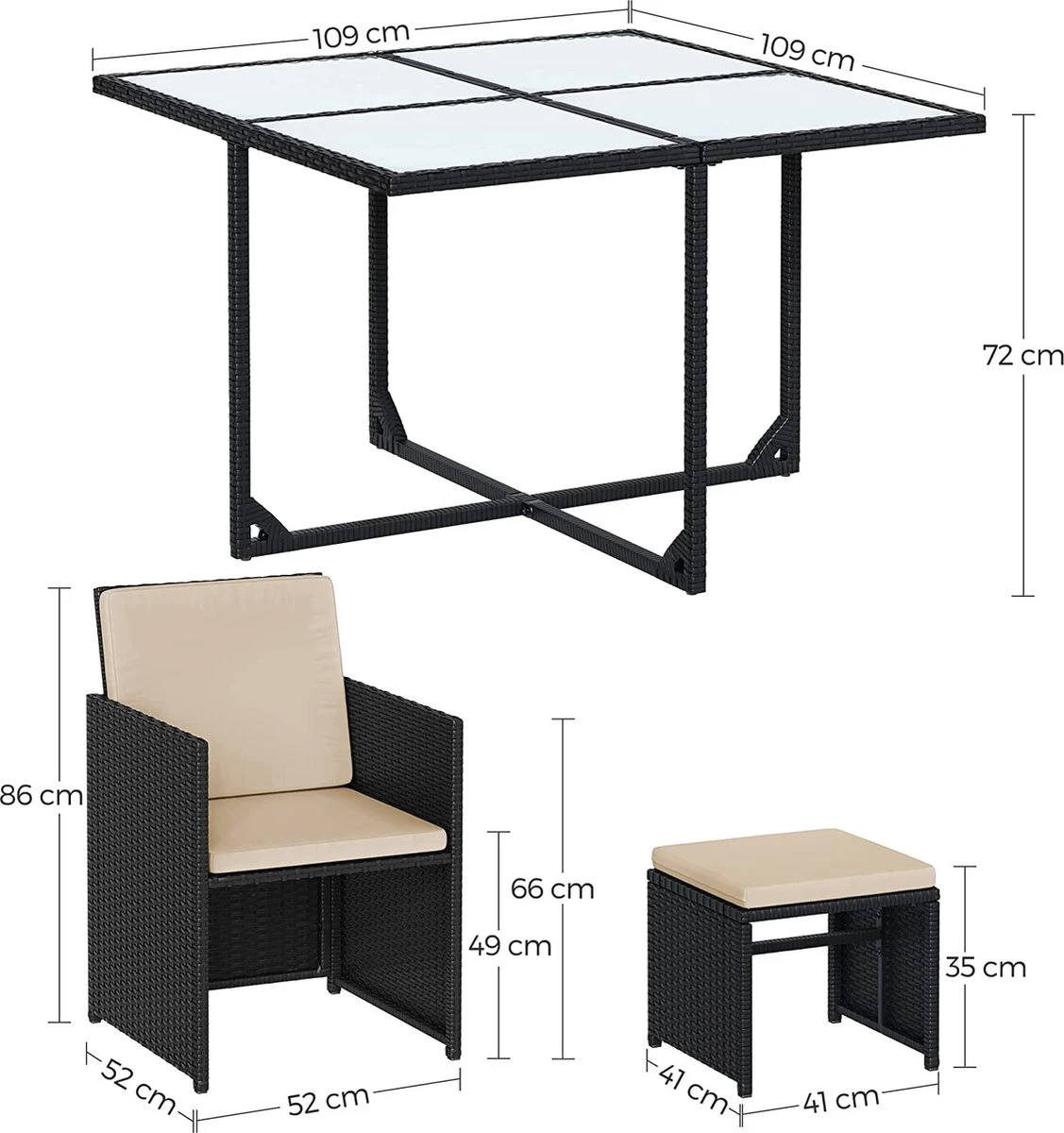 Tuinmeubelset - Tuinset 4 6 8 Persoons - Eettafel En Stoelen - Set Van 9 - Terras - Tuintafel - Salontafel Met Glazen Oppervlak - Zwart Beige 7 Tuinmeubelset - Tuinset 4 6 8 Persoons - Eettafel En Stoelen - Set Van 9 - Terras - Tuintafel - Salontafel Met Glazen Oppervlak - Zwart Beige - Afbeelding 5