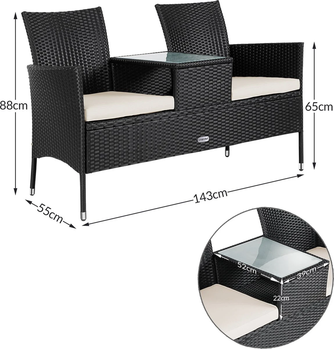 Casaria Polyrattan Tuinbank - Incl. Kussen - 143x55x88 Cm Zwart 5 Casaria Polyrattan Tuinbank - Incl. Kussen - 143x55x88 Cm Zwart - Afbeelding 3