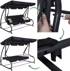 Springos Schommelbank | Linda-Schommel | 3-zits | Waterafstotend | Inclusief 2 Kussens | Verstelbare Luifel | 162 X 200 X 120 Cm | Zwart -Tuingereedschap Serie Winkel 1186x1200 2