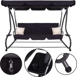 Springos Schommelbank | Linda-Schommel | 3-zits | Waterafstotend | Inclusief 2 Kussens | Verstelbare Luifel | 162 X 200 X 120 Cm | Zwart -Tuingereedschap Serie Winkel 1194x1200 4