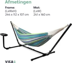 Vita5 Hangmat Met Standaard – 2 Persoons – Incl. Bekerhouder – 205kg Draaggewicht – Groen/Blauw -Tuingereedschap Serie Winkel 1200x1063 3