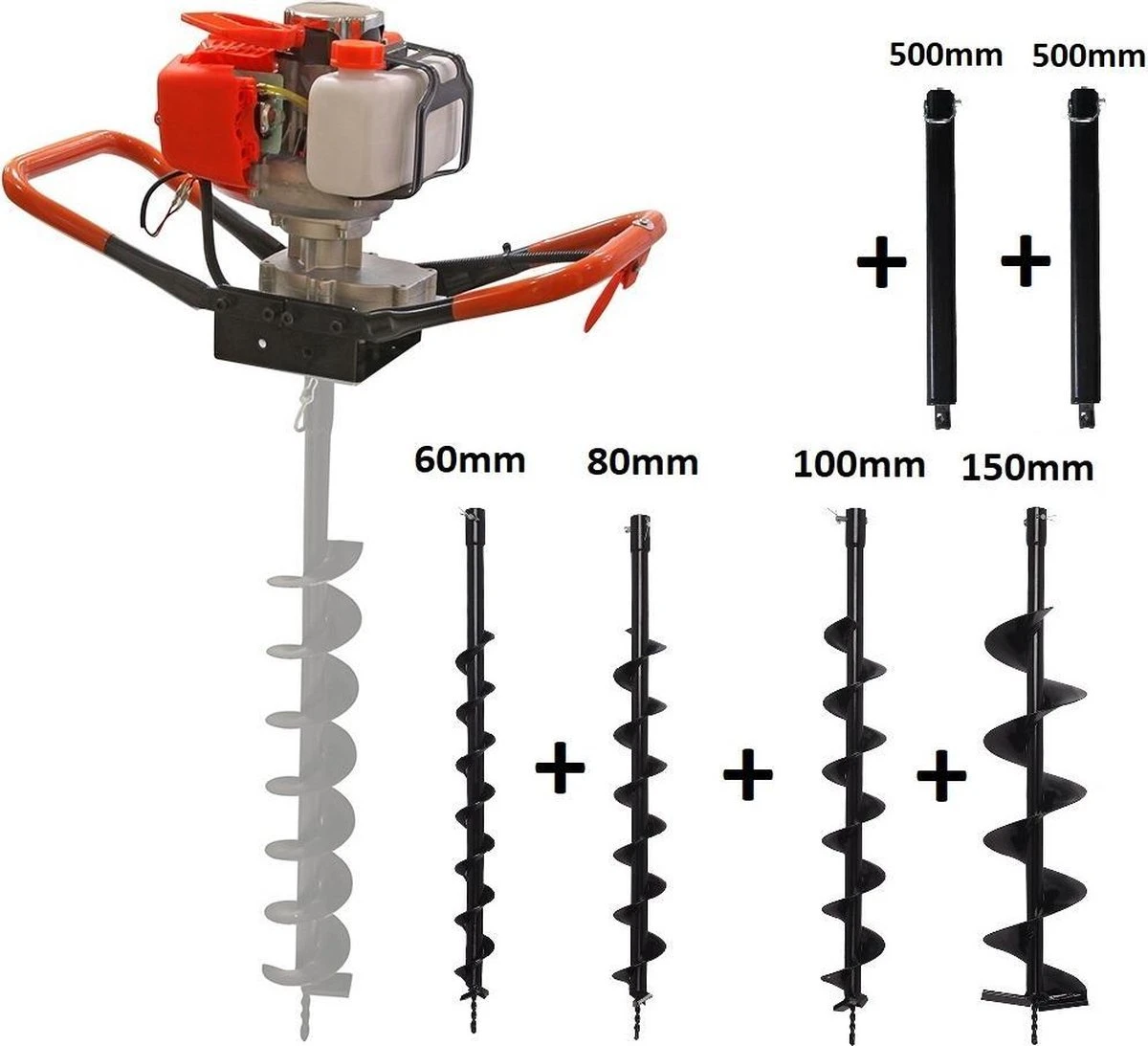Kibani Grondboor 52cc Benzine + Grondboren Set 60 Mm + 80 Mm + 100 Mm + 150 Mm + 2 Verlengstukken - Palenboor - Grondboor Machine 3 Kibani Grondboor 52cc Benzine + Grondboren Set 60 Mm + 80 Mm + 100 Mm + 150 Mm + 2 Verlengstukken - Palenboor - Grondboor Machine