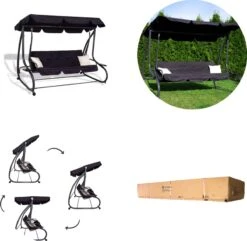 Springos Schommelbank | Linda-Schommel | 3-zits | Waterafstotend | Inclusief 2 Kussens | Verstelbare Luifel | 162 X 200 X 120 Cm | Zwart -Tuingereedschap Serie Winkel 1200x1171 5