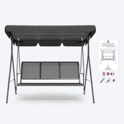 LifeGoods Schommelbank - 3-zits - Tot 250KG - Kantelbaar Dak - UV-bestendig Zonnescherm - 172x104x162cm - Grijs -Tuingereedschap Serie Winkel 1200x1200 1073