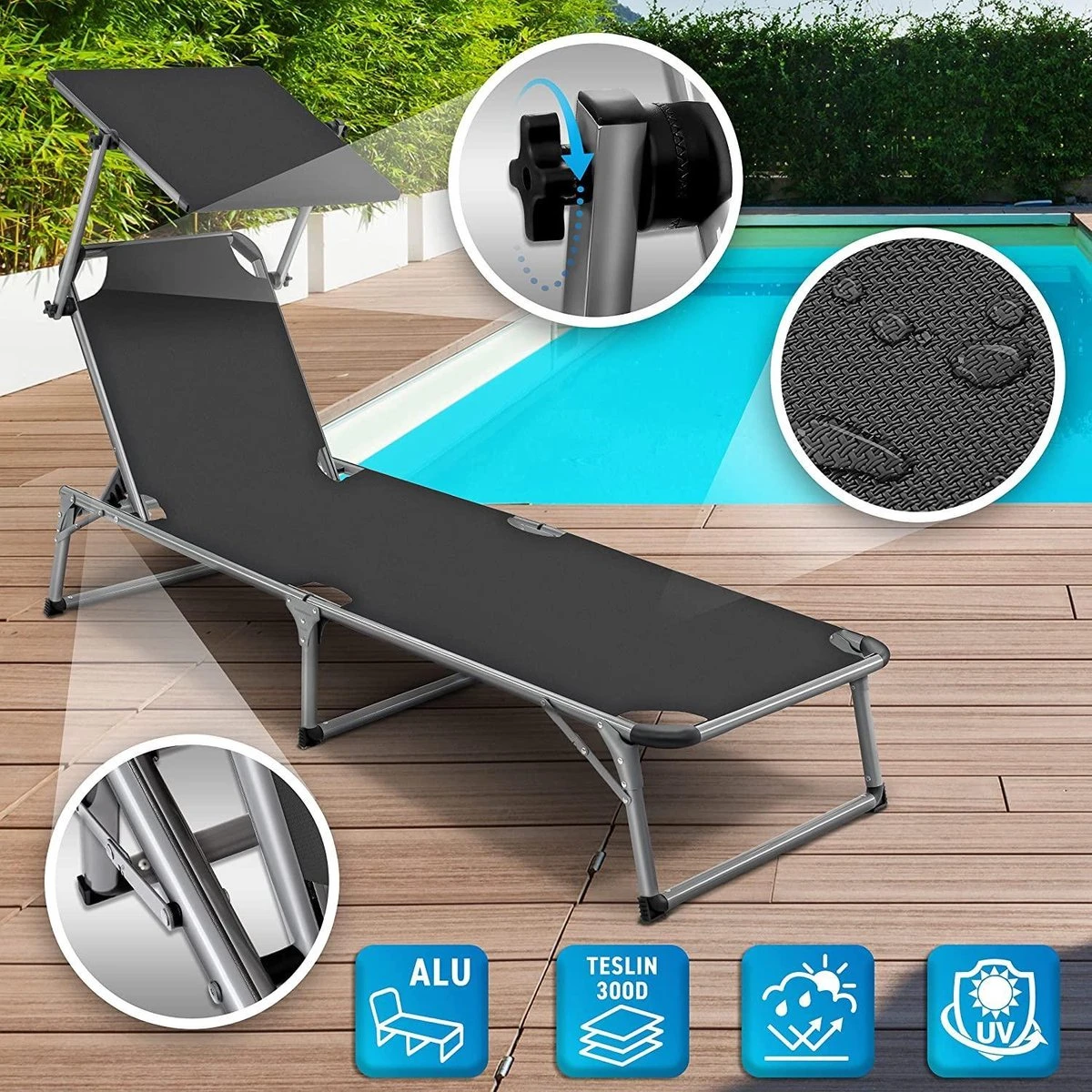 Sens Design Zonnebed - Ligbed Inklapbaar Met Zonneklep - Grijs 6 Sens Design Zonnebed - Ligbed Inklapbaar Met Zonneklep - Grijs - Afbeelding 4