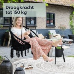 Vita5 Macramé Hangstoel - Voor Binnen En Buiten - Zonder Standaard - Incl. Kussen, Boekenvak En Beschermhoes - Tot 150kg - Zwart -Tuingereedschap Serie Winkel 1200x1200 1200