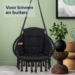 Vita5 Macramé Hangstoel - Voor Binnen En Buiten - Zonder Standaard - Incl. Kussen, Boekenvak En Beschermhoes - Tot 150kg - Zwart -Tuingereedschap Serie Winkel 1200x1200 1201