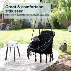 Vita5 Macramé Hangstoel - Voor Binnen En Buiten - Zonder Standaard - Incl. Kussen, Boekenvak En Beschermhoes - Tot 150kg - Zwart -Tuingereedschap Serie Winkel 1200x1200 1202
