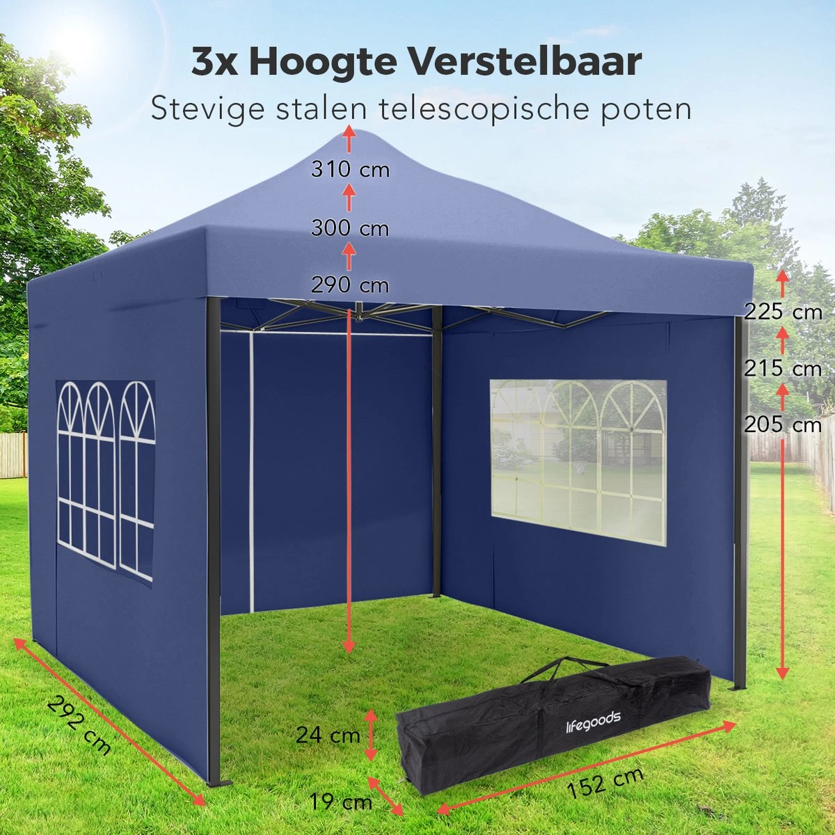 LifeGoods Partytent - 3x3 M - Zijwanden - Easy Up - Opvouwbaar - Waterdicht - Draagtas Met Wieltjes - Donkerblauw 5 LifeGoods Partytent - 3x3 M - Zijwanden - Easy Up - Opvouwbaar - Waterdicht - Draagtas Met Wieltjes - Donkerblauw - Afbeelding 3