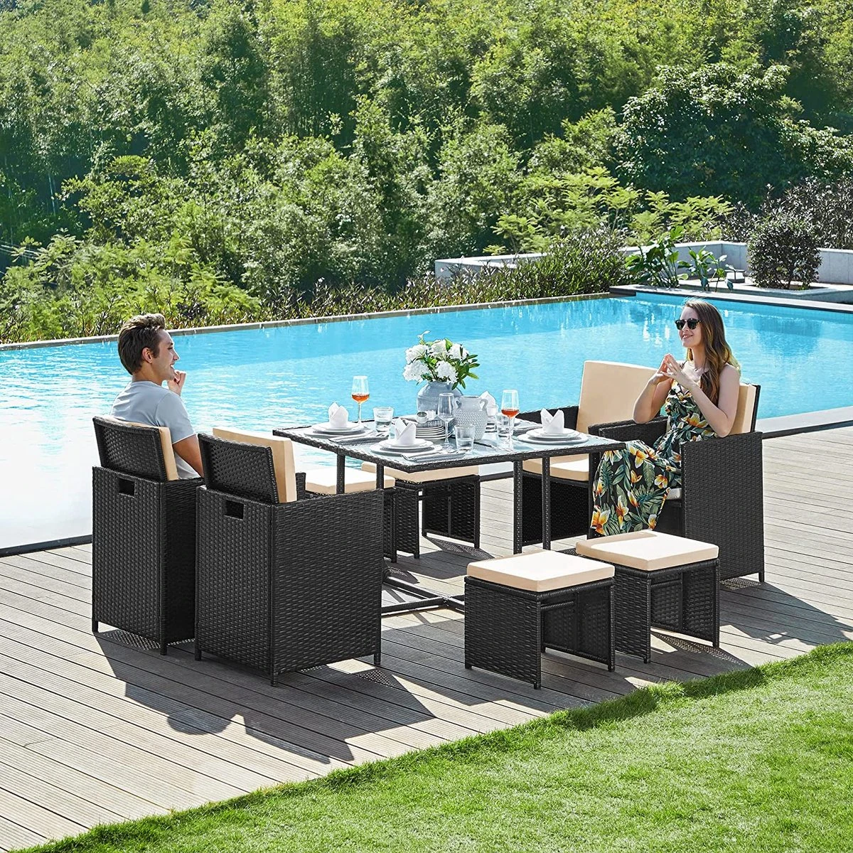 Tuinmeubelset - Tuinset 4 6 8 Persoons - Eettafel En Stoelen - Set Van 9 - Terras - Tuintafel - Salontafel Met Glazen Oppervlak - Zwart Beige 9 Tuinmeubelset - Tuinset 4 6 8 Persoons - Eettafel En Stoelen - Set Van 9 - Terras - Tuintafel - Salontafel Met Glazen Oppervlak - Zwart Beige - Afbeelding 7