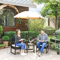 Songmics Tuinmeubelset, 3-delige Set, Van Polyrotan, Voor Outdoor, Terras, Balkon, Tuin, Eenvoudige Montage, Bijzettafel En 2 Stoelen, Zwart-beige -Tuingereedschap Serie Winkel 1200x1200 1716