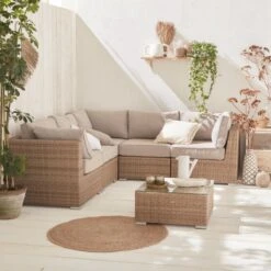 Premium Loungeset - VITTORIA - Rond Wicker– 5 Plaatsen, Naturel/beige -Tuingereedschap Serie Winkel 1200x1200 1800