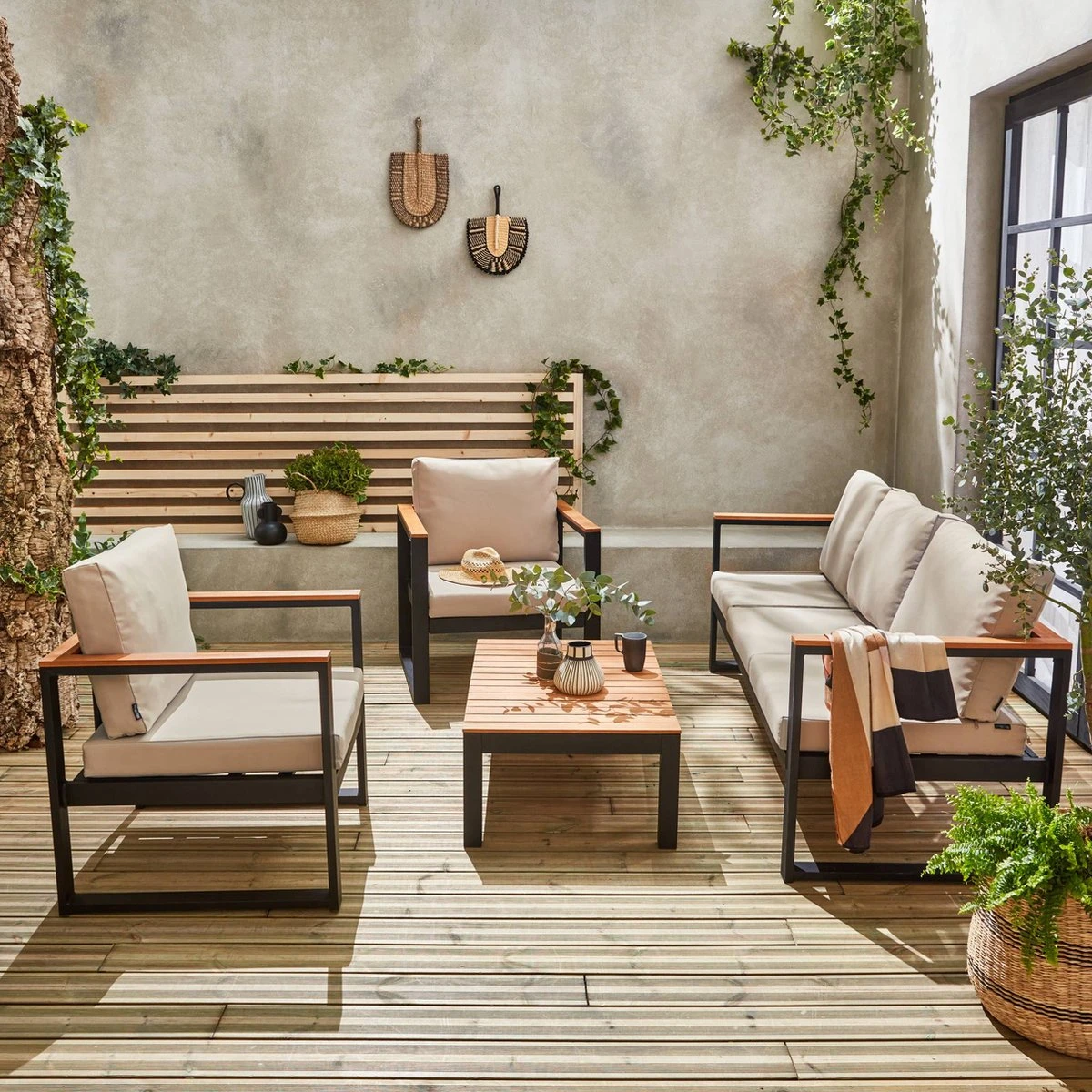 Loungeset 5 Plaatsen Van Aluminium En Eucalyptus – NAZCA – Antraciet Structuur, Lichtgrijs Kussens 7 Loungeset 5 Plaatsen Van Aluminium En Eucalyptus – NAZCA – Antraciet Structuur, Lichtgrijs Kussens - Afbeelding 5