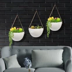 Plantenhanger Keramiek – Set Van 3 – Wit Steen- Hangpot – Hangende Bloempot Plantenpot - 3 Verschillende Koorden - 18 X 11 X 7 Cm -Tuingereedschap Serie Winkel 1200x1200 2569