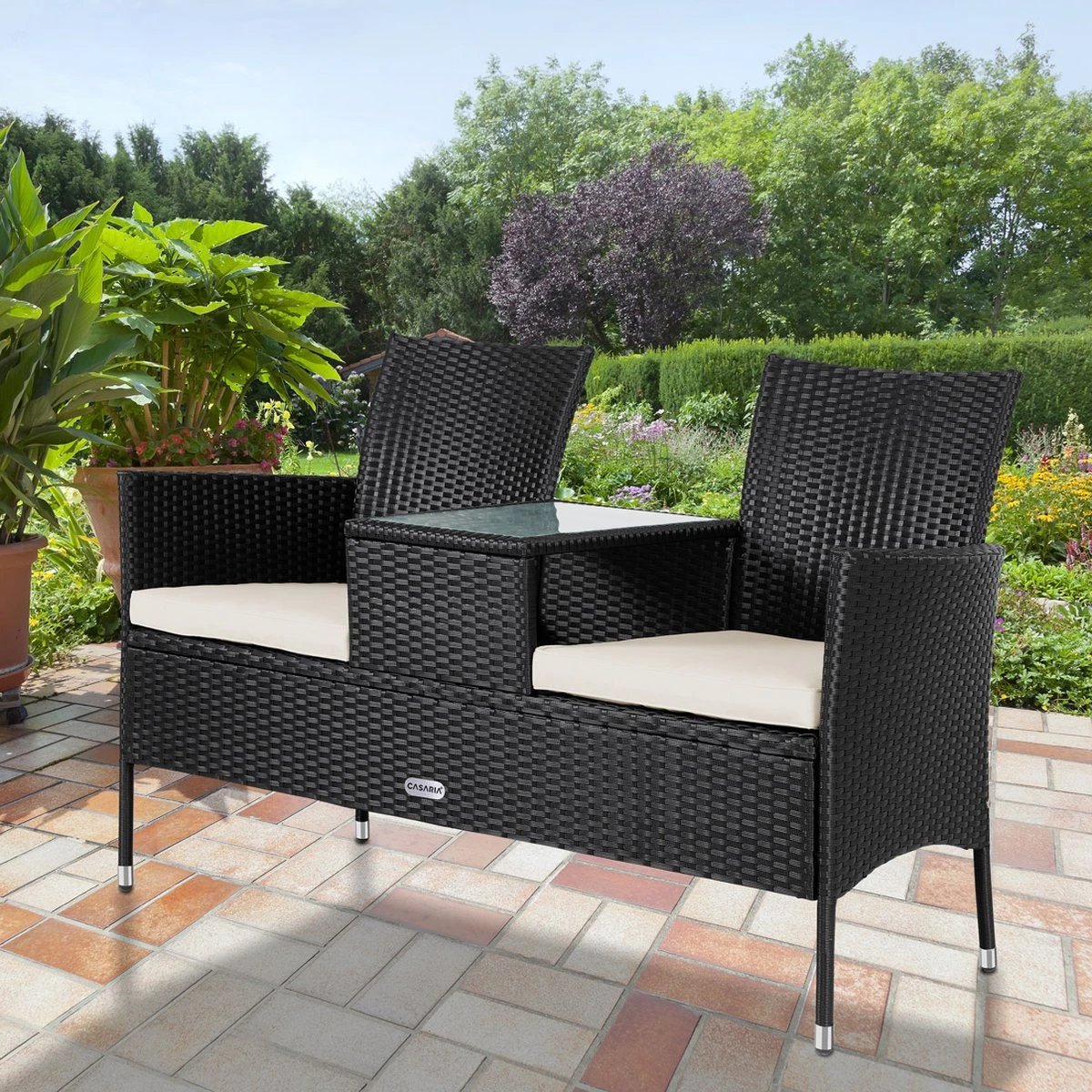 Casaria Polyrattan Tuinbank - Incl. Kussen - 143x55x88 Cm Zwart 6 Casaria Polyrattan Tuinbank - Incl. Kussen - 143x55x88 Cm Zwart - Afbeelding 4