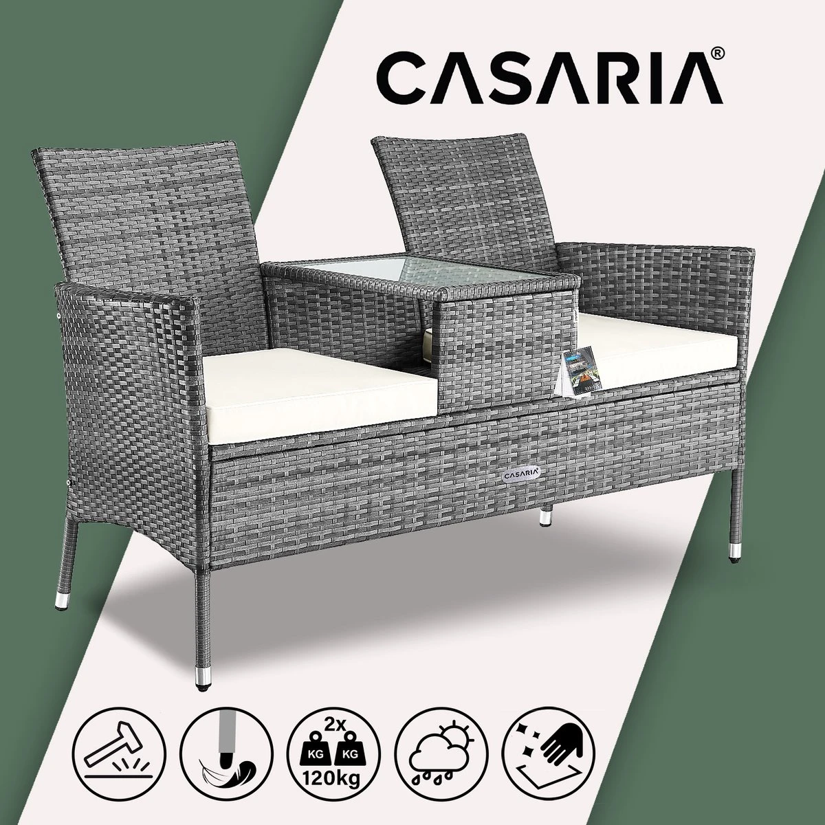 Casaria Polyrattan Tuinbank - Incl. Tafel & Kussens 7 Cm - Grijs 8 Casaria Polyrattan Tuinbank - Incl. Tafel & Kussens 7 Cm - Grijs - Afbeelding 6
