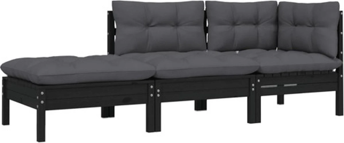 VidaXL 3-delige Loungeset Met Kussens Massief Grenenhout Zwart 6 VidaXL 3-delige Loungeset Met Kussens Massief Grenenhout Zwart - Afbeelding 4