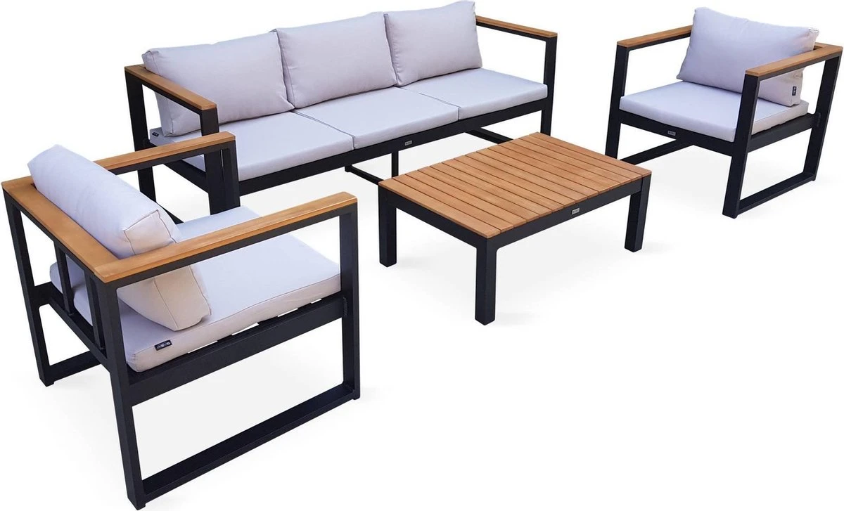 Loungeset 5 Plaatsen Van Aluminium En Eucalyptus – NAZCA – Antraciet Structuur, Lichtgrijs Kussens 3 Loungeset 5 Plaatsen Van Aluminium En Eucalyptus – NAZCA – Antraciet Structuur, Lichtgrijs Kussens