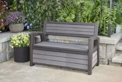 Keter - Hudson Bench Box - 2-zits Bank - Opbergbox - Hout Look & Feel - 227L - 138x63x89cm - Antraciet -Tuingereedschap Serie Winkel 1200x800 321