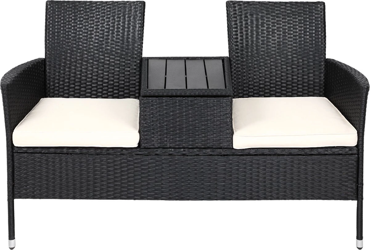 Casaria Tuinbank Polyrattan – 2 Zitter Incl. Tafel & Kussens – Zwart 4 Casaria Tuinbank Polyrattan – 2 Zitter Incl. Tafel & Kussens – Zwart - Afbeelding 2