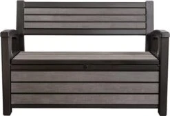 Keter - Hudson Bench Box - 2-zits Bank - Opbergbox - Hout Look & Feel - 227L - 138x63x89cm - Antraciet -Tuingereedschap Serie Winkel 1200x822 4