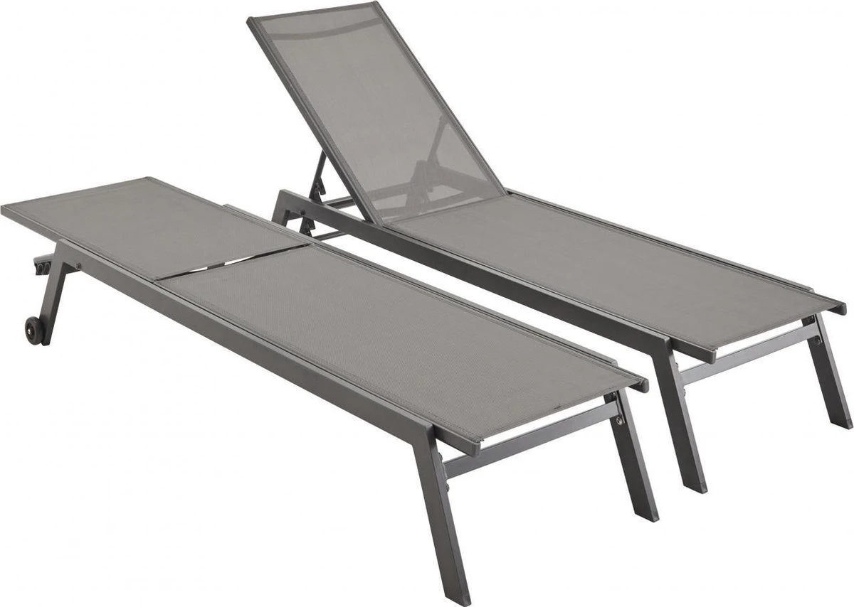 ELSA - Set Van 2 Ligstoelen Van Aluminium En Textileen, Ligbed Multipositioneel Met Wieltjes, Kleur Antraciet/donkergrijs 7 ELSA - Set Van 2 Ligstoelen Van Aluminium En Textileen, Ligbed Multipositioneel Met Wieltjes, Kleur Antraciet/donkergrijs - Afbeelding 5