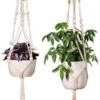 Plantenhanger - Plantenhanger Macrame - Set Van 2 - Wit - Knopen - Luxe Gevlochten Touw - Met Ophang Haken - Fienosa