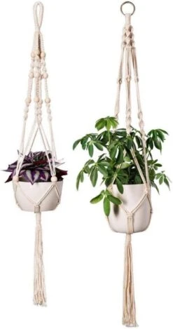 Plantenhanger - Plantenhanger Macrame - Set Van 2 - Wit - Knopen - Luxe Gevlochten Touw - Met Ophang Haken - Fienosa