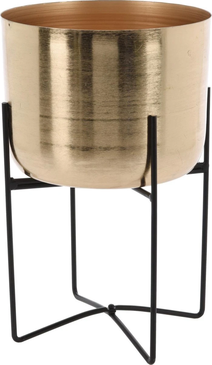 Merkloos Luxe Plantenpot/bloempot Goud Van 22 X 22 Cm Op Een Zwarte Metalen Standaard Met Een Hoogte Van 36 Cm 3 Merkloos Luxe Plantenpot/bloempot Goud Van 22 X 22 Cm Op Een Zwarte Metalen Standaard Met Een Hoogte Van 36 Cm