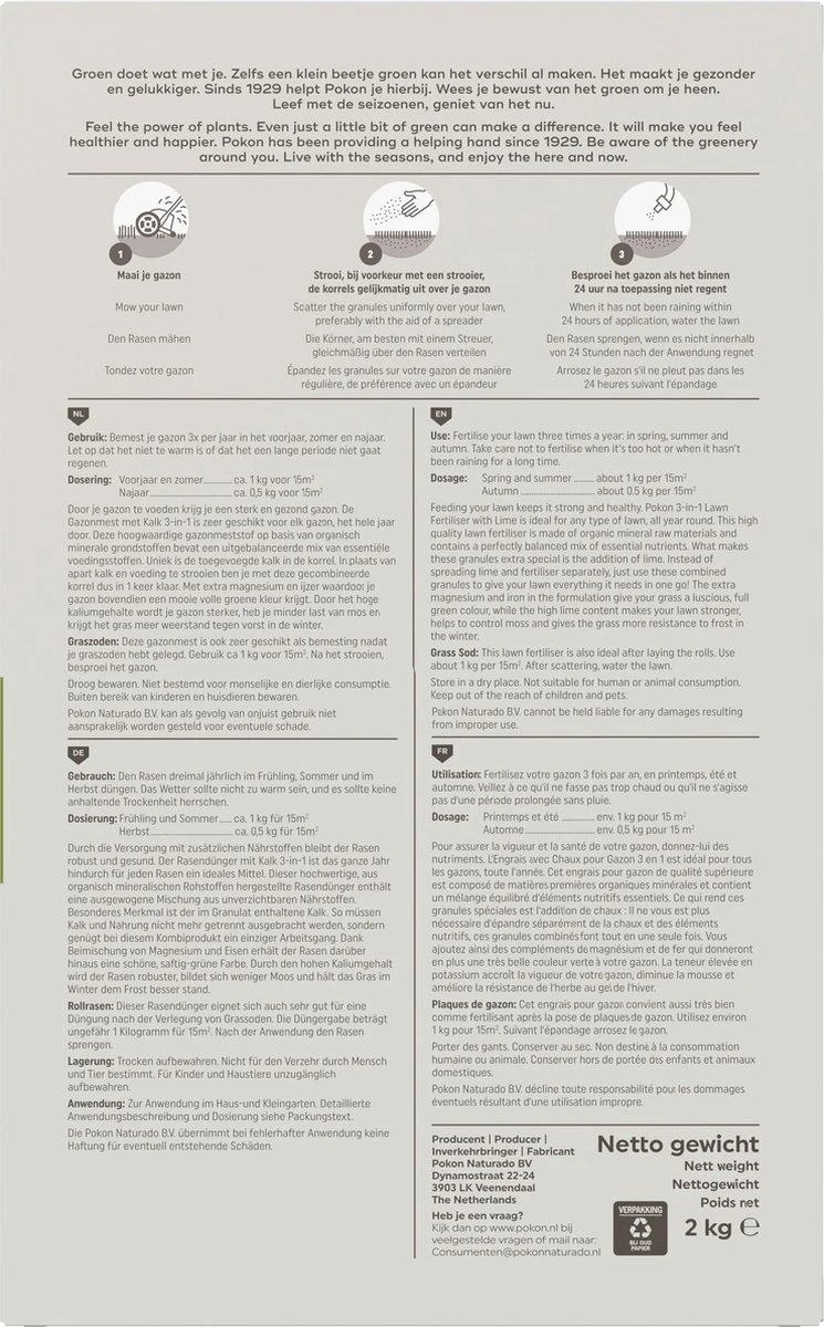Pokon Gazonmest Met Kalk - 2kg - Mest - Geschikt Voor 30m² - 120 Dagen Voeding 7 Pokon Gazonmest Met Kalk - 2kg - Mest - Geschikt Voor 30m² - 120 Dagen Voeding - Afbeelding 6