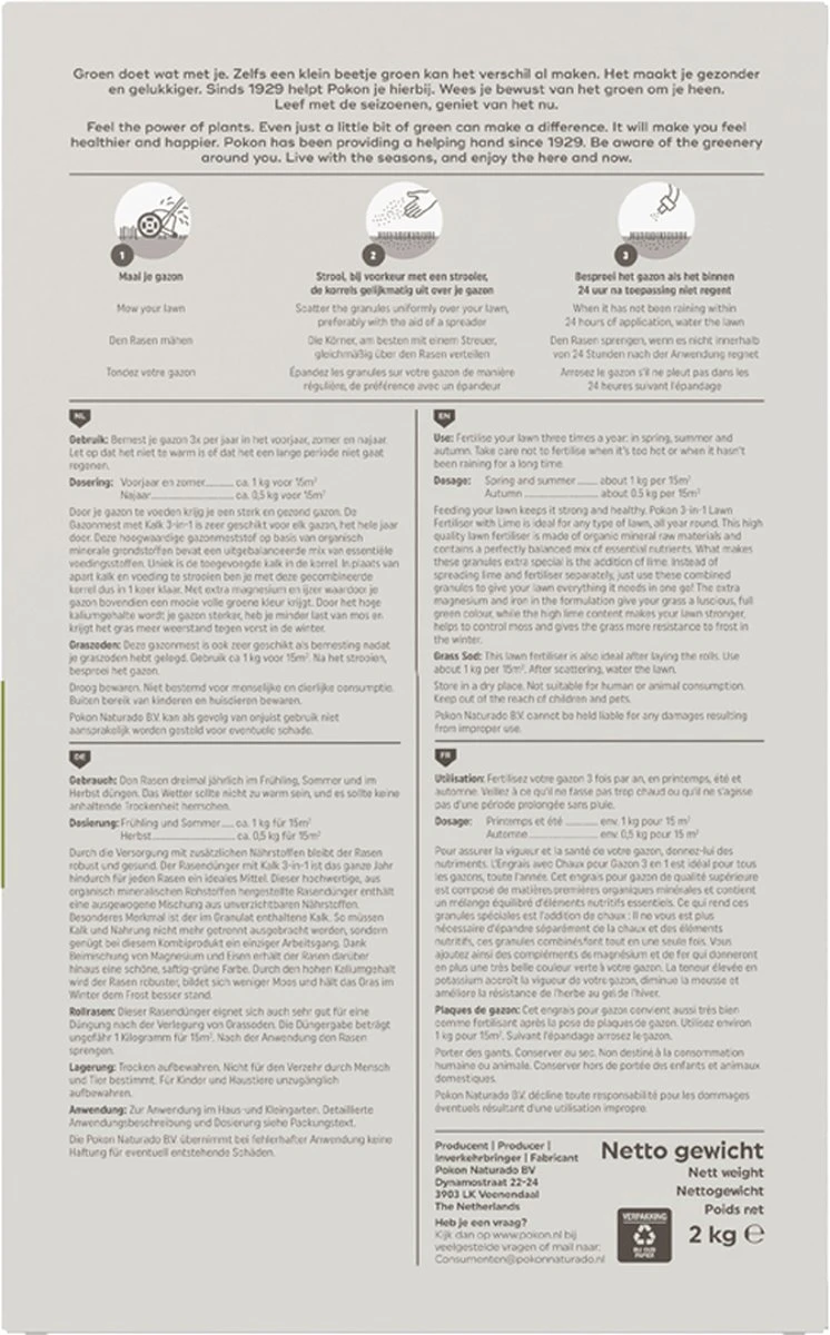 Pokon Gazonmest Met Kalk - 2kg - Mest - Geschikt Voor 30m² - 120 Dagen Voeding 8 Pokon Gazonmest Met Kalk - 2kg - Mest - Geschikt Voor 30m² - 120 Dagen Voeding - Afbeelding 7