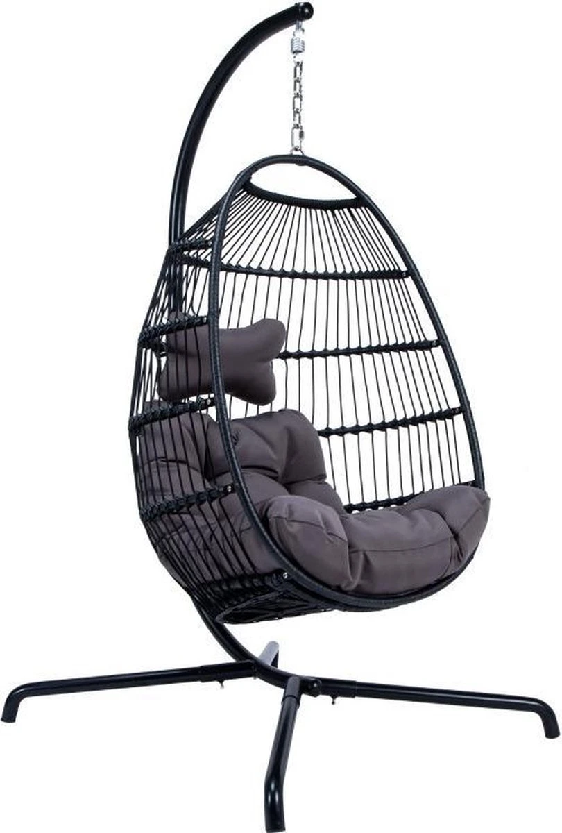 Merkloos Hangstoel Norway - Zwart Wicker & Touw Luxe Egg Hangstoel Met Dikke Antraciete Kussens Met Frame - Inklapbare Basket 3 Merkloos Hangstoel Norway - Zwart Wicker & Touw Luxe Egg Hangstoel Met Dikke Antraciete Kussens Met Frame - Inklapbare Basket